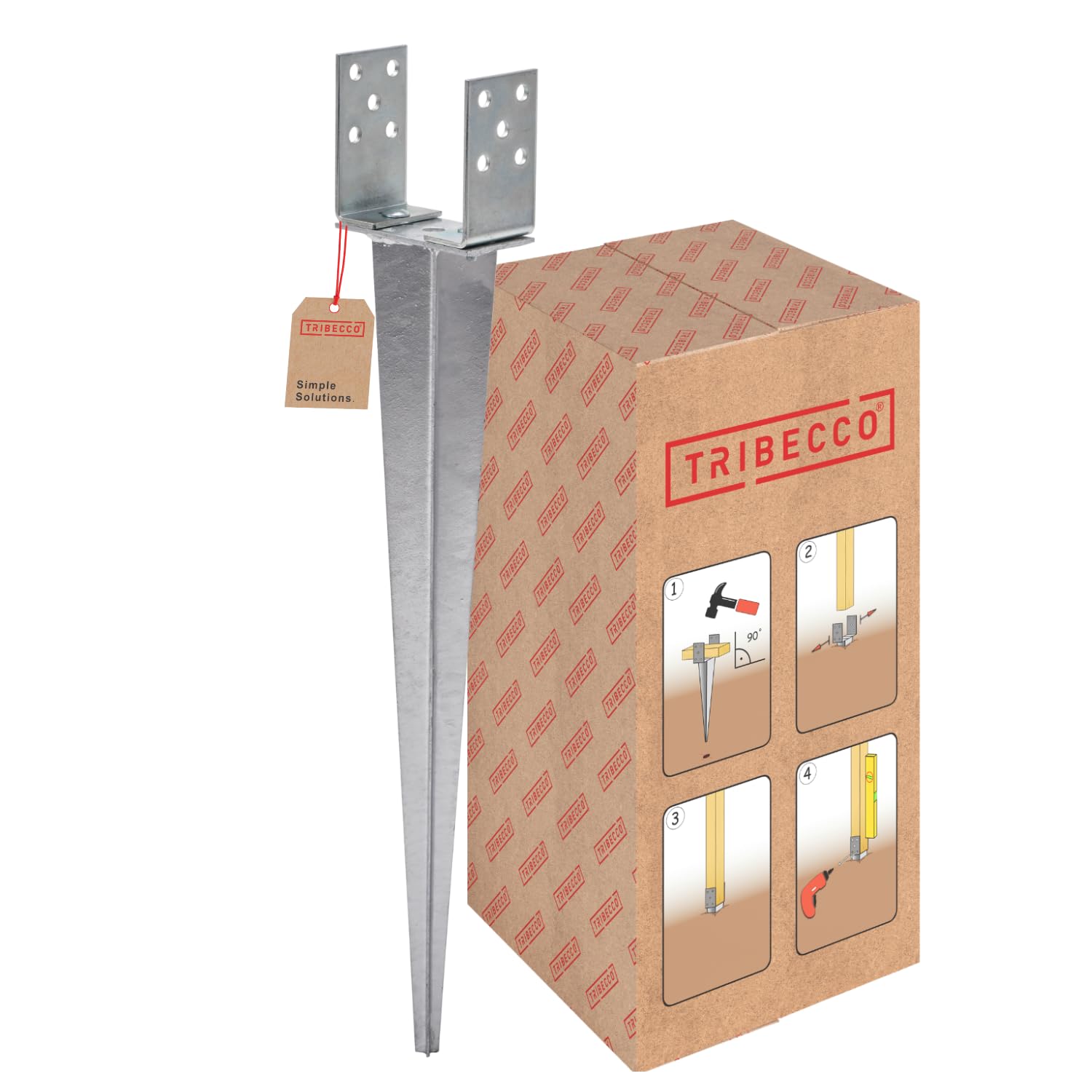 TRIBECCO Einschlag-Bodenhülse U-Form für Vierkant-Holzpfosten Stützenschuh verstellbar bis 140 mm Länge 700 mm U-Pfostenträger zum Einschlagen in den Boden feuerverzinkter Stahl