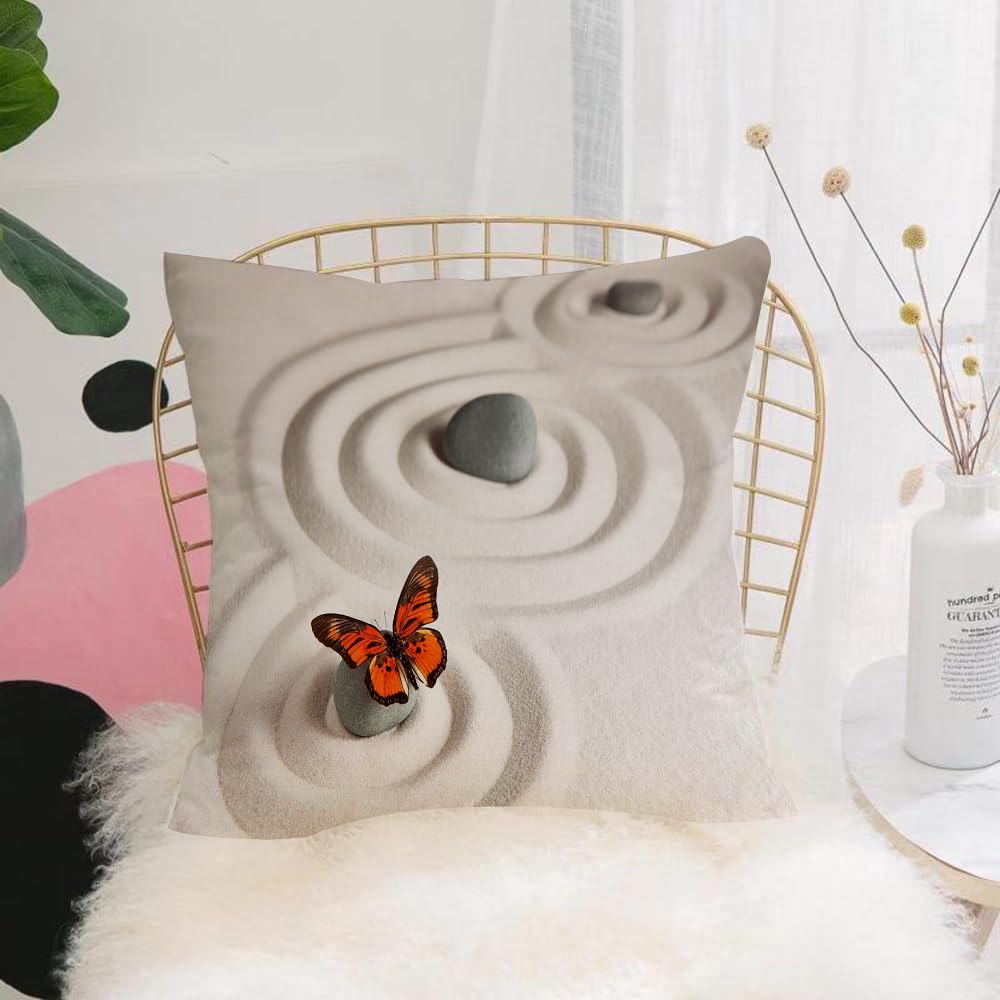 HYOSXW Cushion Cover,Throw Pillow Case Home Decorative for Living Room Bedroom Sofa Chair 16X16 Inch,Harmonious tranquility, an orange butterfly parked on the stones on the zen bea,Pillowcase 40X40cm