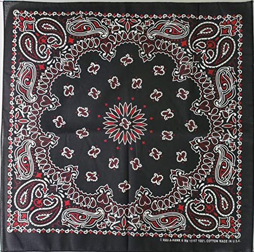 Bandanna Paisley 100% Cotton Made in the USA Bandana - 22 inches (Black and Red)