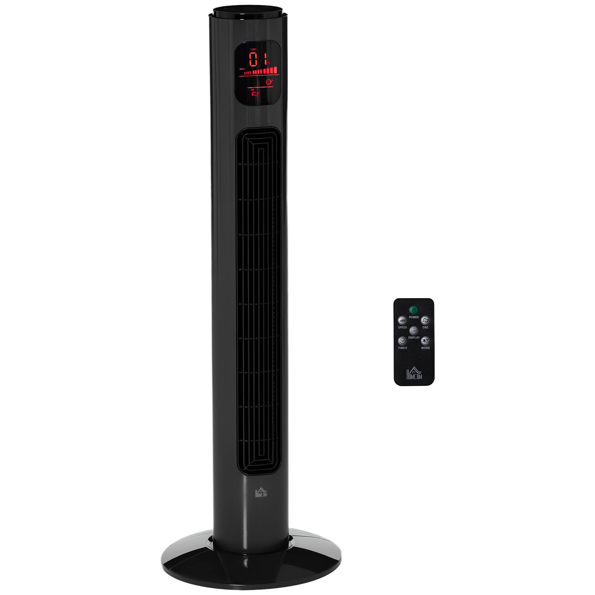 HOMCOM 38'' Freestanding Tower Fan, 3 Speed 3 Mode, 12h Timer, 70 Degree Oscillation, LED Panel, 5M Remote Controller, Dark Grey