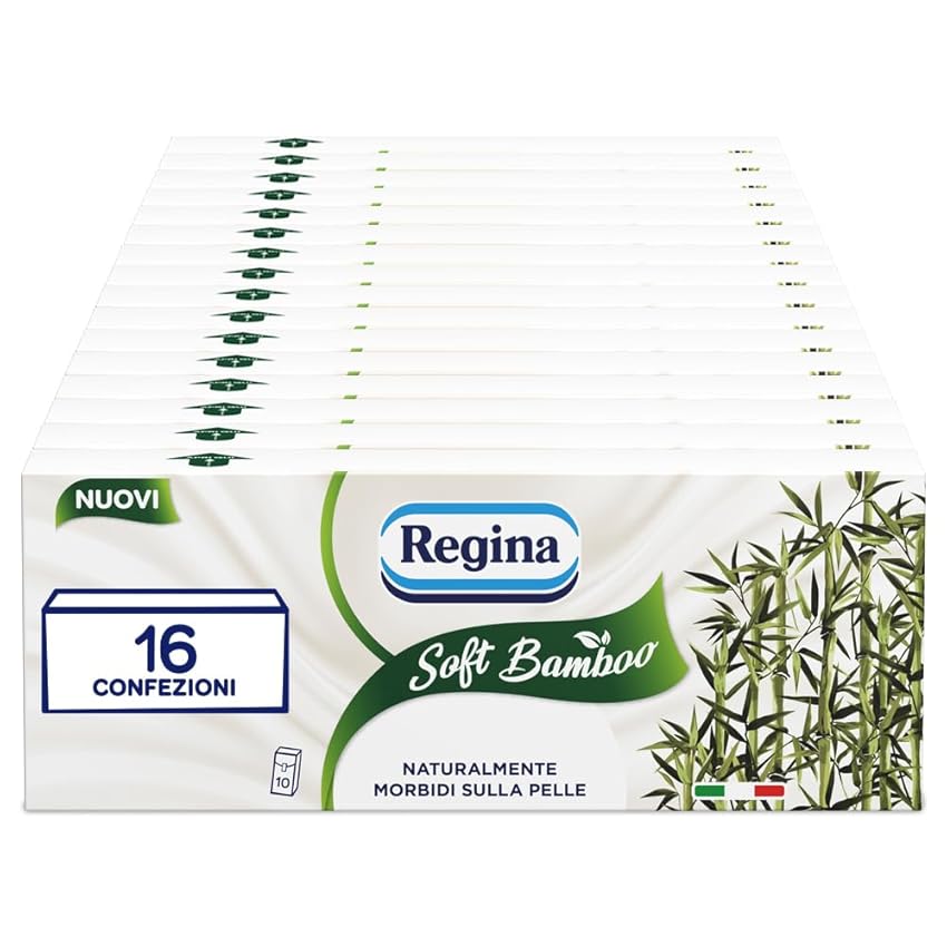 Immagine del prodotto Regina Soft Bamboo Fazzoletti – 16 Confezioni da 10 Pacchetti di Fazzoletti a 4 Veli, Naturalmente Morbidi sulla Pelle, con Fibre di Bambù e Pura Cellulosa Certificata FSC