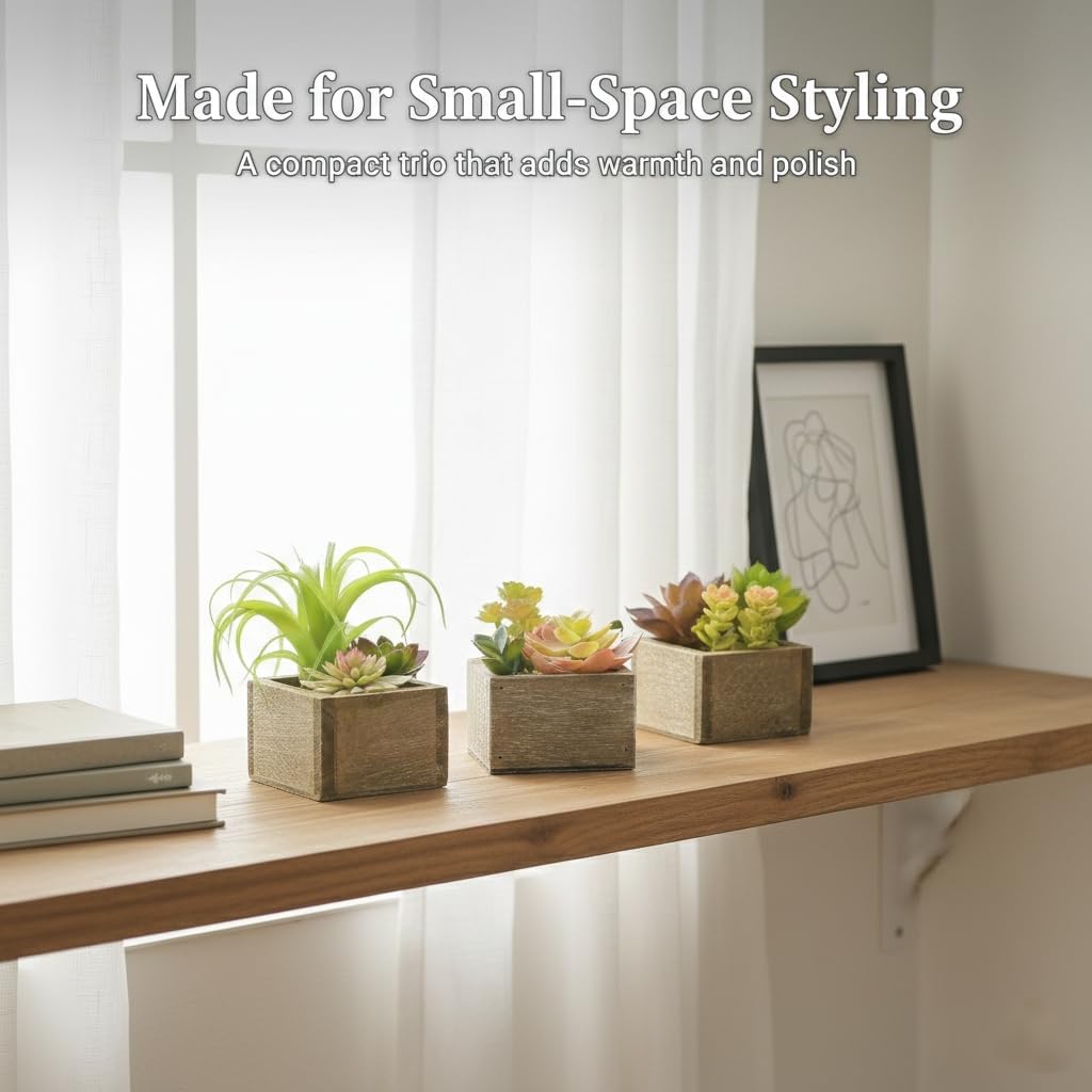 Mingfuxin Artificial Succulents Indoor, Set of 3 Mini Potted Greenery in Rustic Wood Planters, Tabletop Accent for Office, Bathroom Shelf, No Watering - Image 3