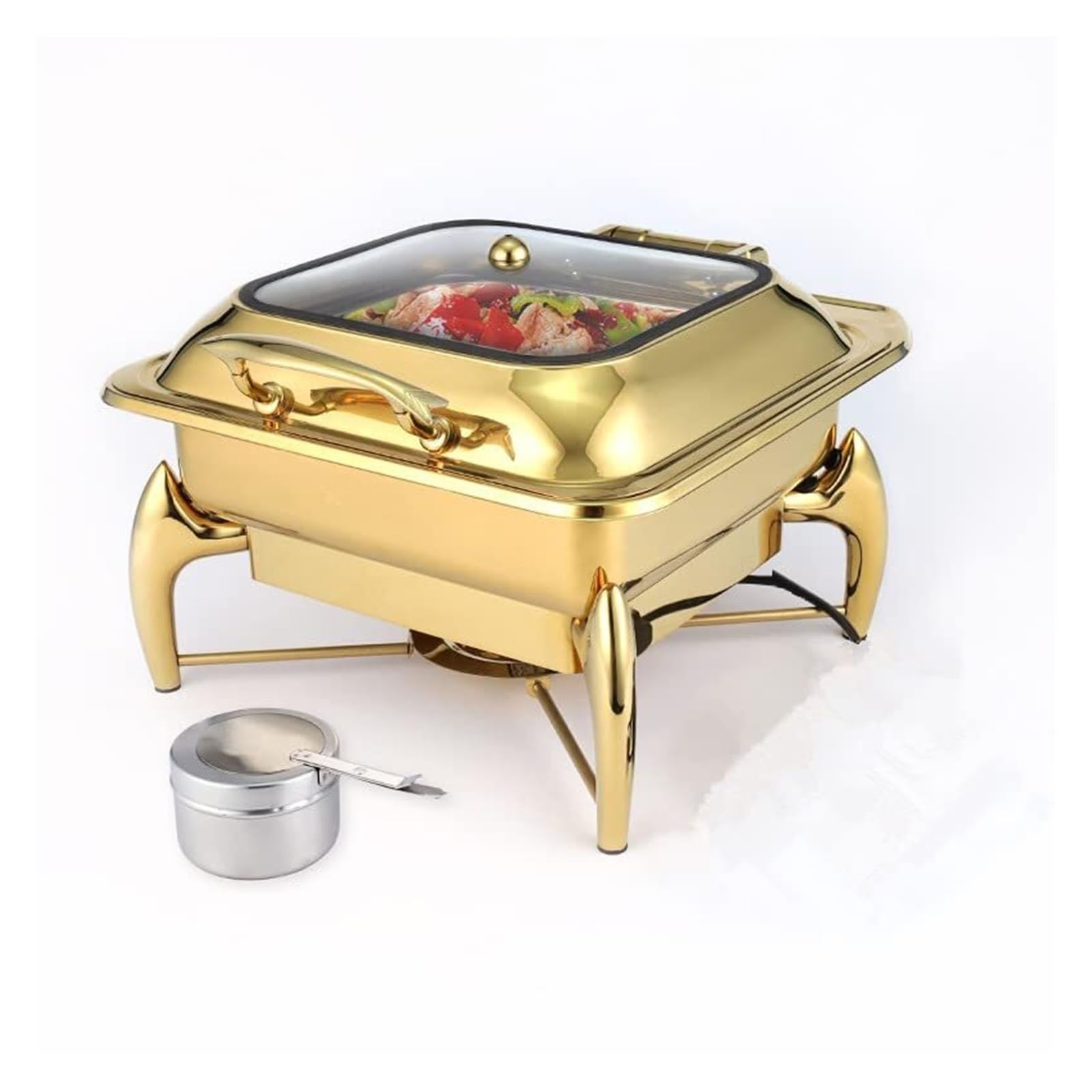 Scaldavivande Quadrati in Acciaio Inox for Buffet Cucina a Buffet | Con coperchio in vetro e design ammortizzante: scaldavivande for feste a buffet, supporto stabile(Gold)