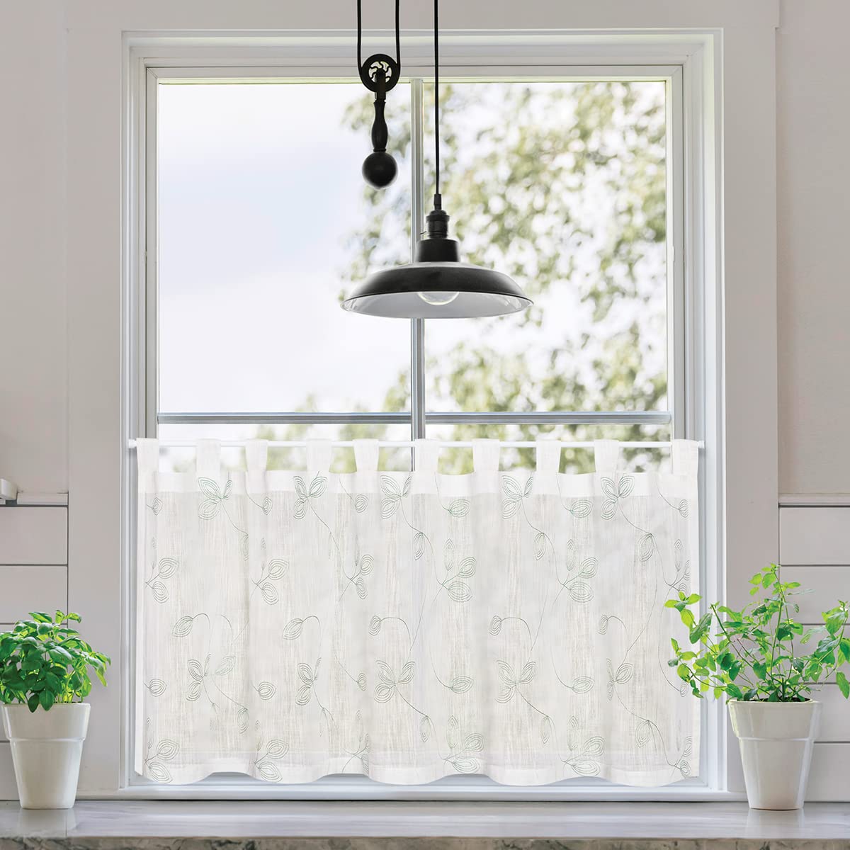 SCHÖNER LEBEN. Rideau brise-bise bio en coton bio avec broderie feuilletée - Structure en lin - Blanc laineux - Vert - 150 x 50 cm