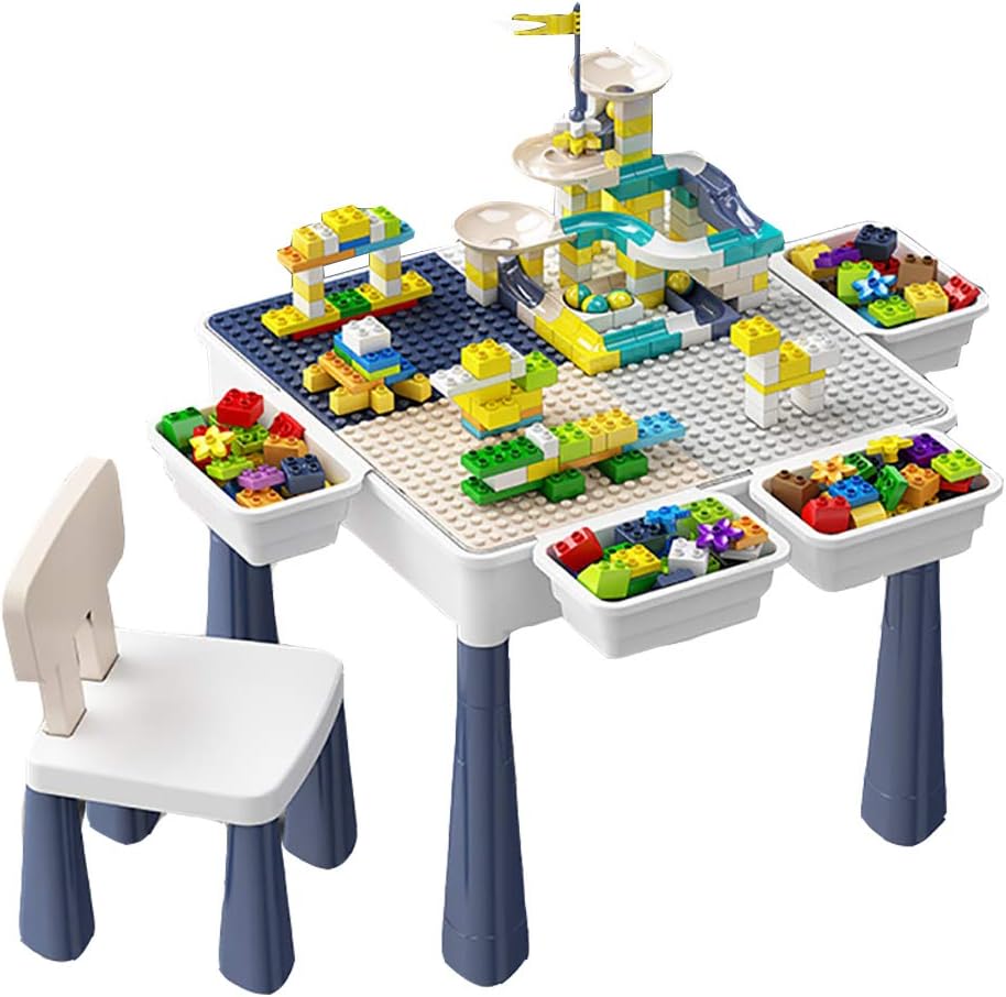 Escritorio de estudio de bloque de construcción multifuncional 6 en 1, juego de mesa y silla de juegos para niños de doble panel, con columna de elevación, para niños de 2 a 10 años