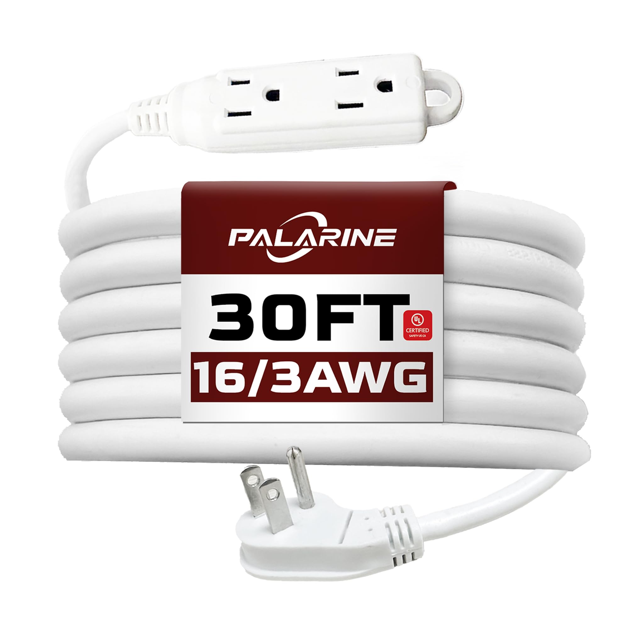 PALARINE Indoor Extension Cord Power Strip 3 Outlets Flat Plug, UL Listed, 16 Gauge 30 ft White 3 Prong Heavy Duty, 16/3 SJTW 13A Outlet Extender