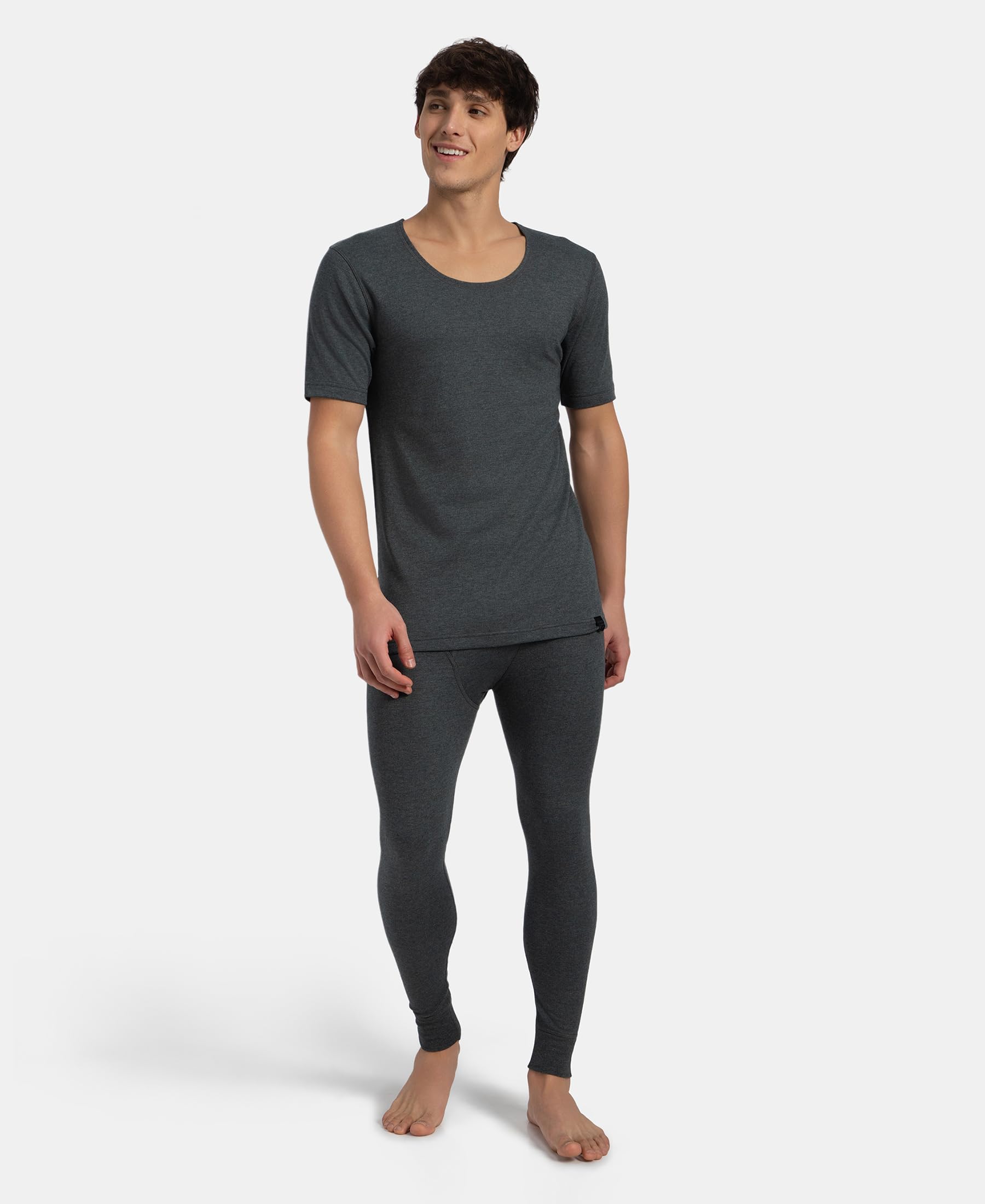 Jockey 2402 Men's Super Combed Cotton Rich Brushed Fabric Half Sleeved Thermal Undershirt with StayWarm Technology_Charcoal Melange_XL - Image 4 thumbnail
