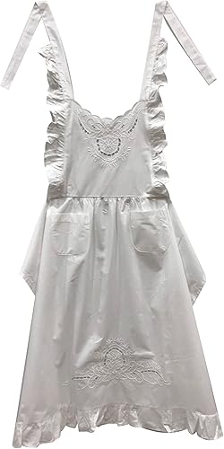 Minhcraft Delantal de algodón blanco con bordado de flores hermosas volantes de longitud completa babero delantal de las mujeres, Blanco