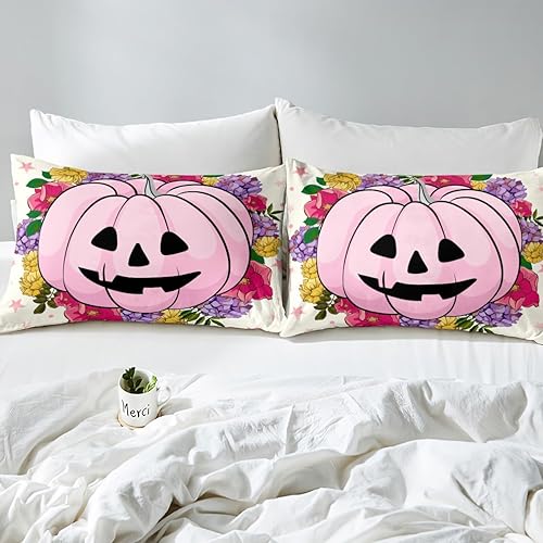 Miniatura 4 de jejeloiu Juego de sábanas de Halloween rosa tamaño matrimonial, sábana bajera ajustable con farol de calabaza para niños y niñas, juego de ropa de