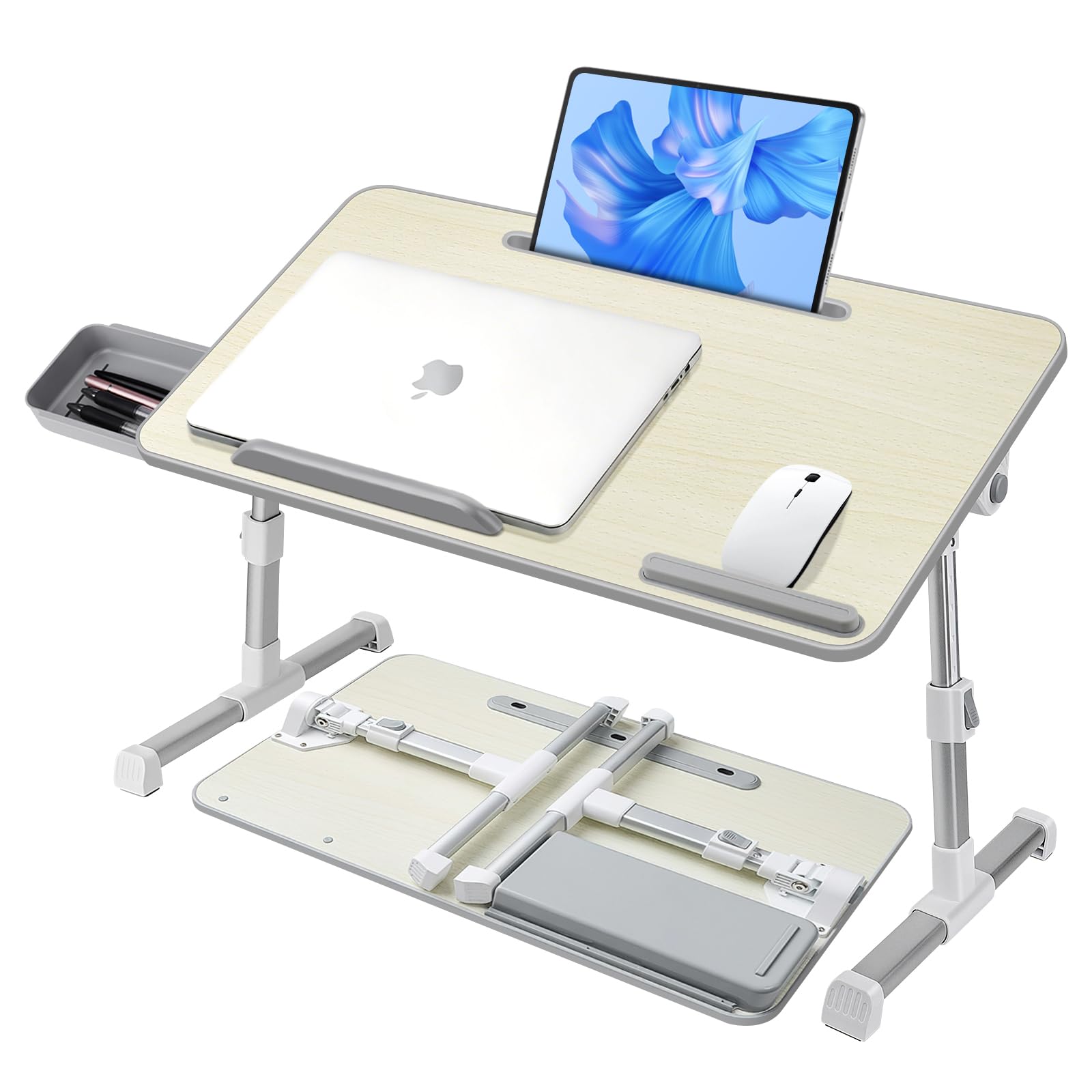Table de Lit pour Ordinateur Portable, Pliable, Réglable en Hauteur et Angle, Plateau de Lit avec Tiroir/Fente pour Tablette, Table pour Canapé, Sol (60 x 34 cm, Beige)