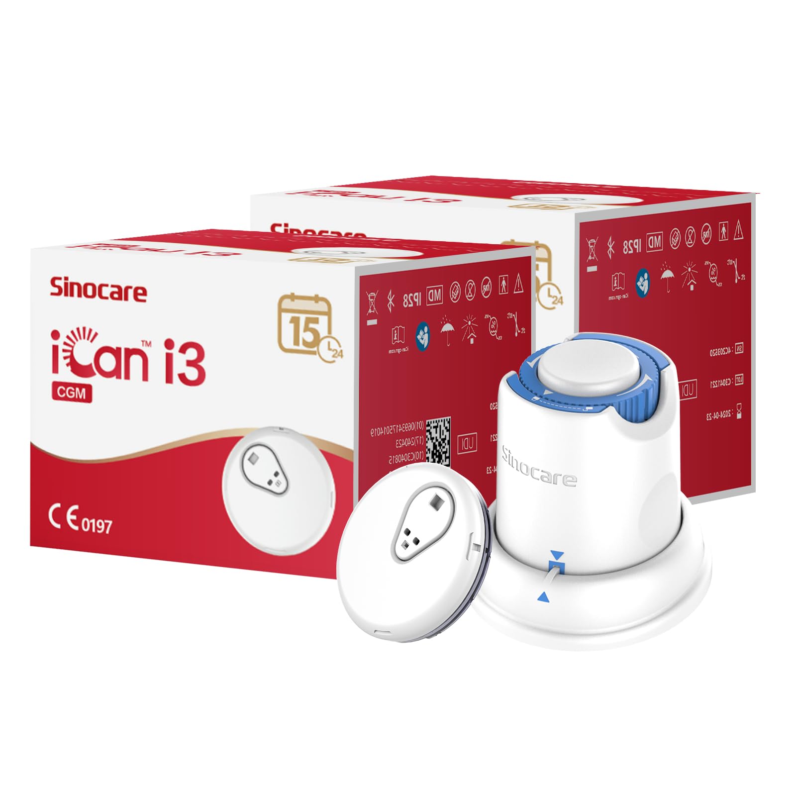 Sinocare iCan CGM, Continuous Glucose Monitor, 15 Days Wear-life & IP28, Every 3 Minutes Output Test Value Via iCan CGM App, Pack of 2 Sensors & TransmittersClimatePartner certified