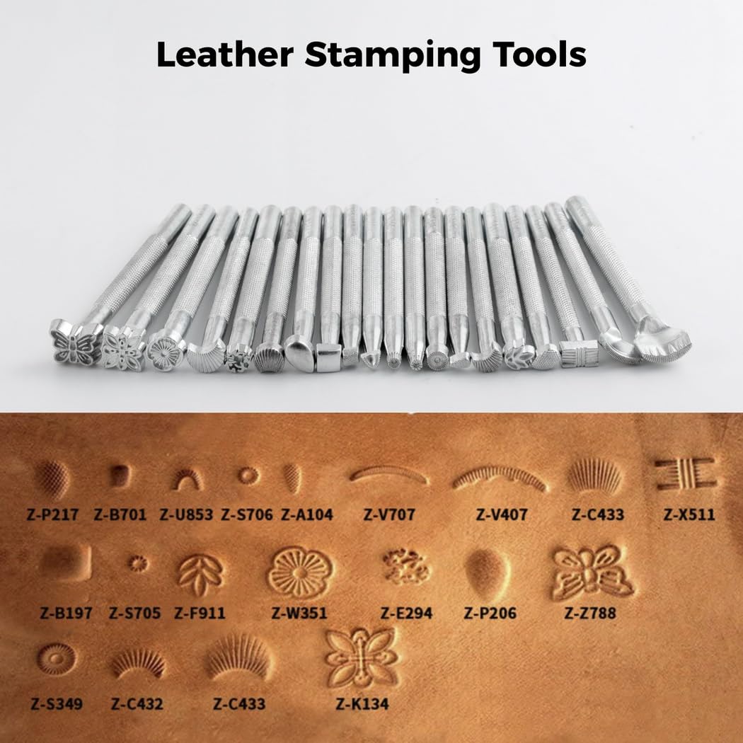 Lot de 20 poinçons pour cuir en acier inoxydable, outil de frappe pour loisirs créatifs, tampons de gravure pour cuir, pour motifs de fleurs, feuilles, papillons et plus