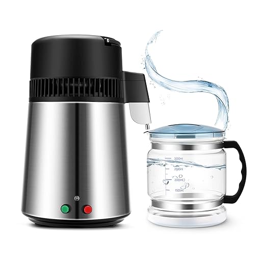 Kotsy Destilador de agua 4L,1.1L/h 750W Distilled Water Making Machine 304 acero inoxidable,Control de doble botón Purificador de agua Distillando a la máquina de agua pura,Ventilador mudo avanzado