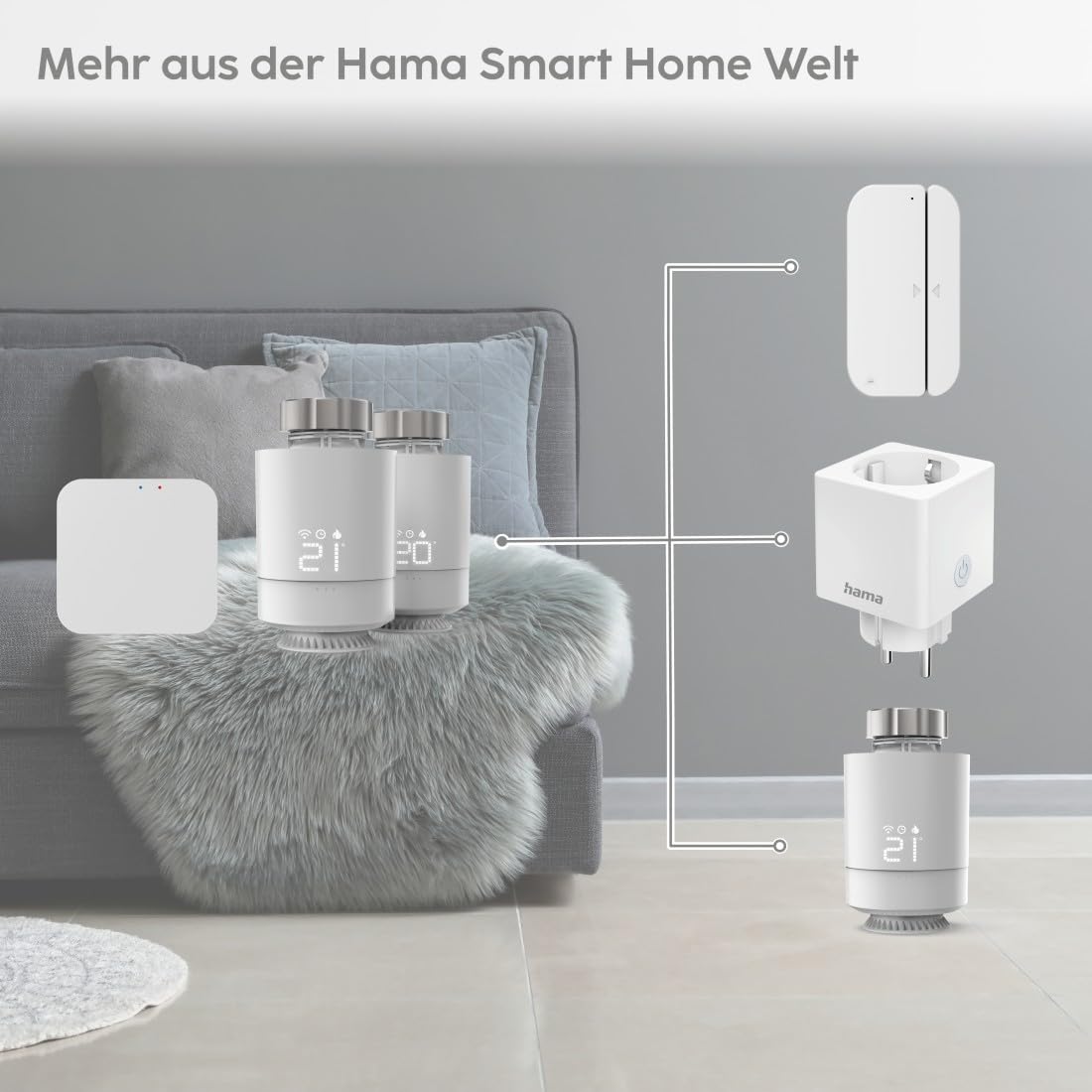 Hama Inteligentny termostat grzejnikowy, zestaw startowy 2 szt. z koncentratorem (sterowanie ogrzewaniem Wi-Fi, regulator ogrzewania Smart Home do wszystkich zaworów, programowalny termostat grzewczy