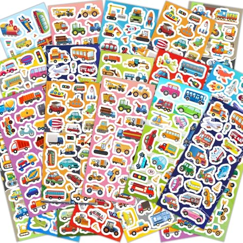 36 Sheets Cars and Trucks Stickers for Kids Party Favors Pack 700+ Vehicle Transportation Stickers for Kids Toddler Boys with Cars Fire Trucks Construction Buses Airplane Rocket and More!