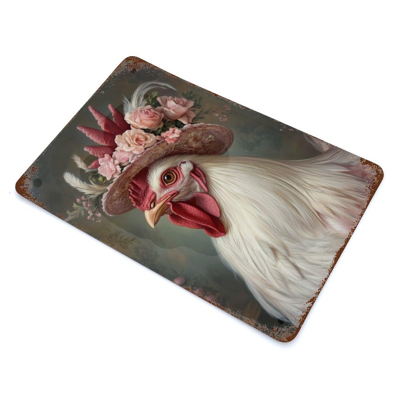 Distressed Metal Wall Sign with Rooster in A Hat Design 11.8"x7.9", for Office, Studio And Wall Decor, Industrial Home Decor