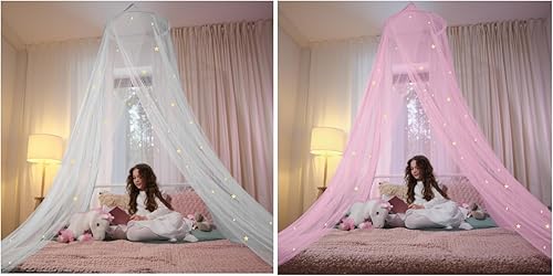 Bollepo Toldo de cama blanco y rosa para niñas con estrellas brillantes – Decoración de habitación de red de cuna de princesa | Cortinas de cama