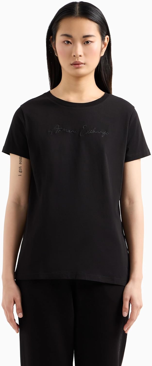 Armani Exchange Womens Regular Fit Monochromatic Signature Logo Tee - Image 4