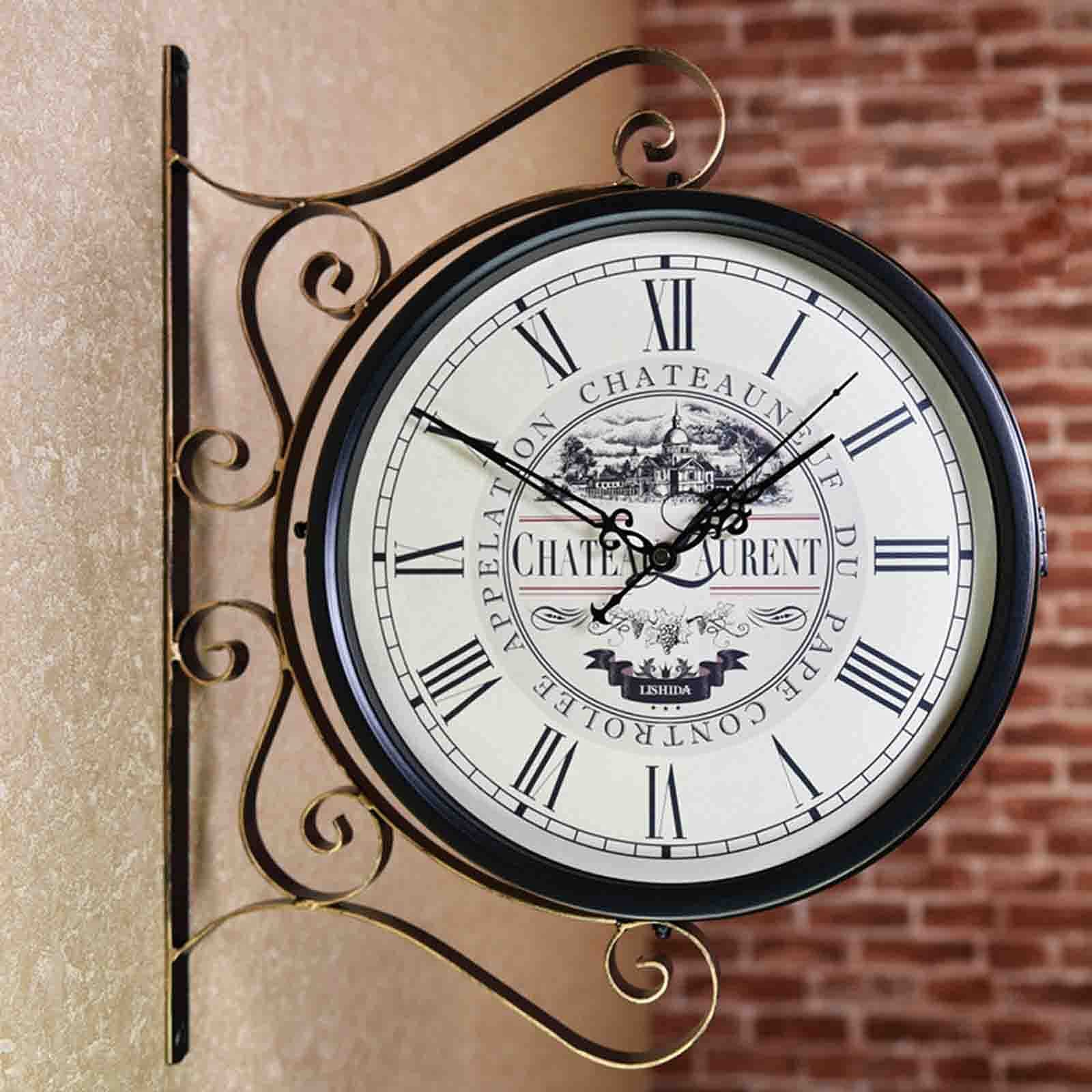 MYUYEE Outdoor Garden Wall Clock, Classical 360°Rotation Double Sided Train Station Clock with Station Bracket Garden Clock Indoor Outdoor Decoration Waterproof,D (F)
