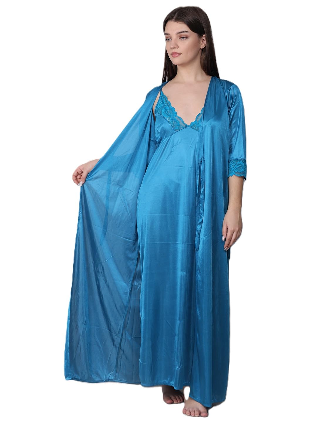 ledelav Elegant Black Satin Nightgown and Robe Set with Lace Trim, Long Length, 3/4 Sleeve-picture-52