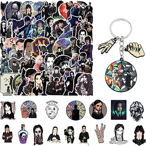Miércoles Addams Pegatinas 100 Piezas,Wednes-day Llavero 1 Piezas,Addams Familia Vinilo Pegatinas,Divertidas Pegatinas De Miércoles Addams para Laptop Coche Maleta Guitarra