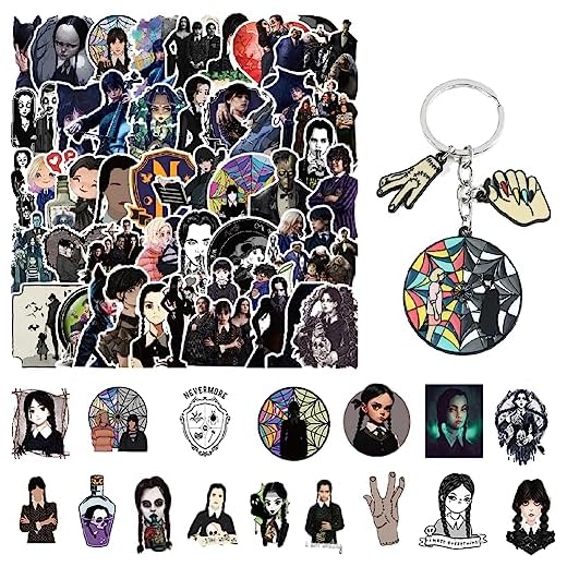 Miércoles Addams Pegatinas 100 Piezas,Wednes-day Llavero 1 Piezas,Addams Familia Vinilo Pegatinas,Divertidas Pegatinas De Miércoles Addams para Laptop Coche Maleta Guitarra