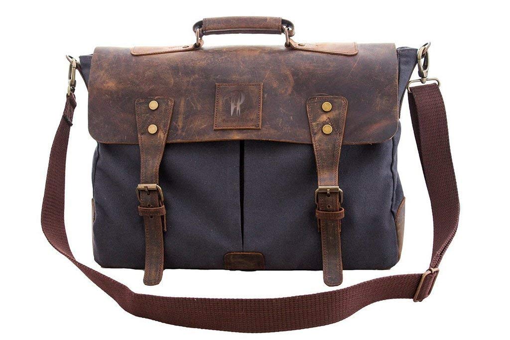 Hyena Unisex Rsn 16" Leather Vintage Laptop Canvas Messenger Satchel Briefcase Bag (Grey/Brown)