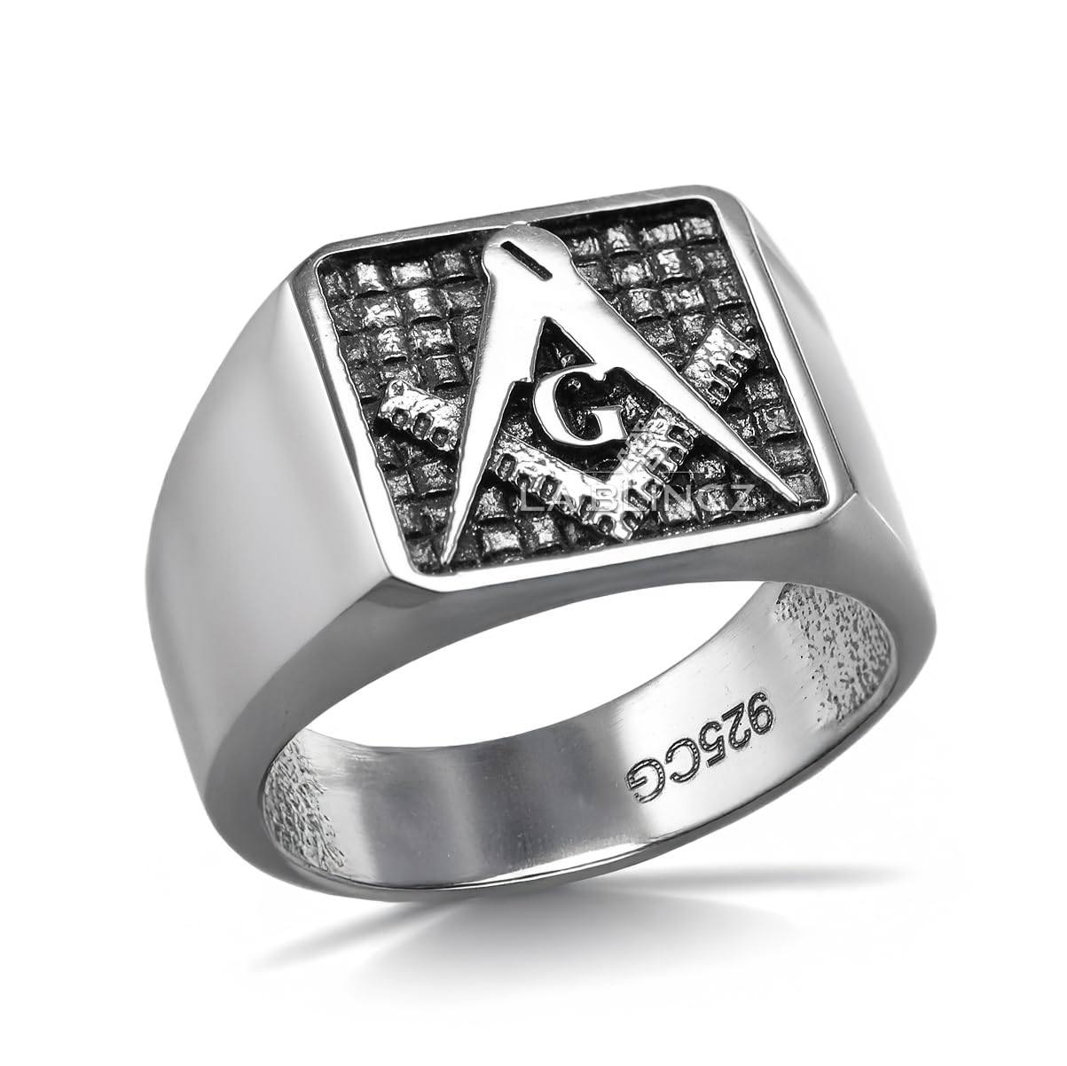 LA BLINGZ Sterling Silver Masonic Square and Compass Ring Freemason Signet Ring Polished Oxidized Men’s Ring 16