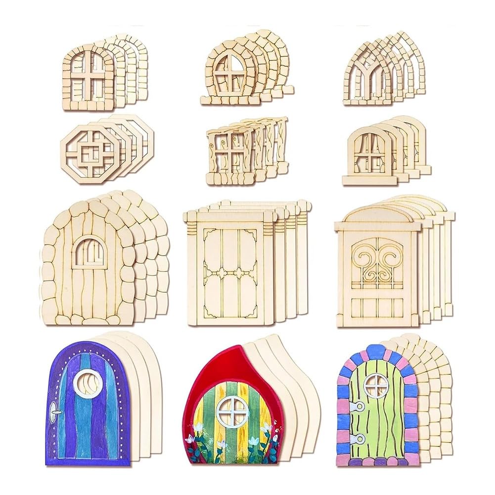 Jnchdghwa Wood Color Unpainted Miniature Accessories 48 Pcs Fairy Door& Window Craft Kit-Wooden Garden Doors For Home Party Event Decor