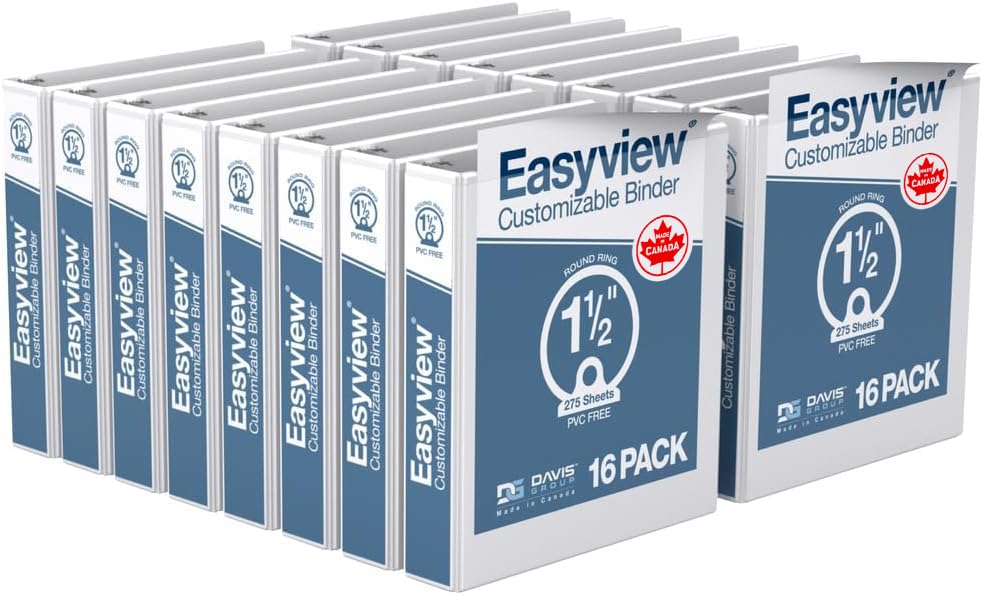 Image of Easyview Premium 3-Ring Binders with Clear-View Covers and Round Rings, Binders for School or Office, 1.5 Inch, Pack of 16, White | Heavy-duty binder, fits 8.5 inch x 11 inch paper, customizable cover, made in Canada, ideal for school or office use