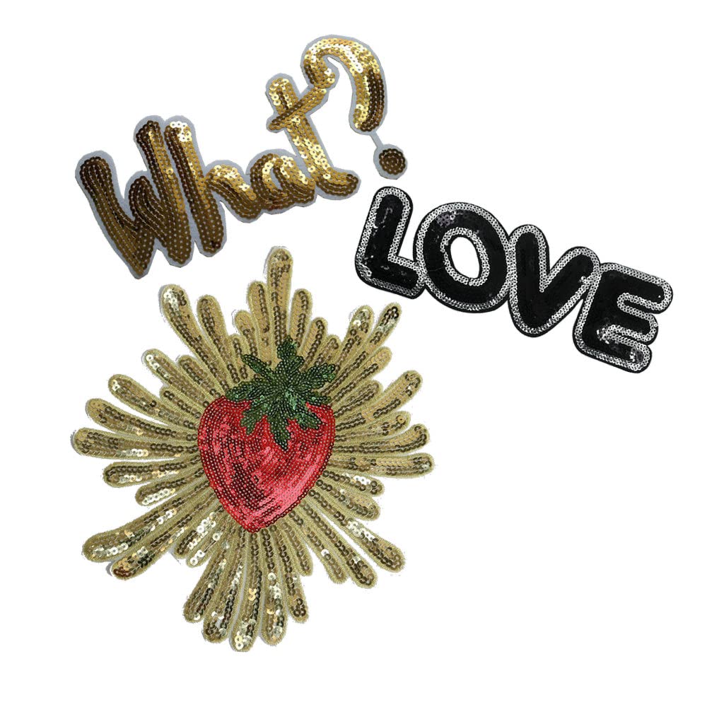 ZALALAA 3pcs Love Large Sequin Heart Evil Patches Cartoon Motif Applique Embroidery Garment Accessory (Gold A-b)