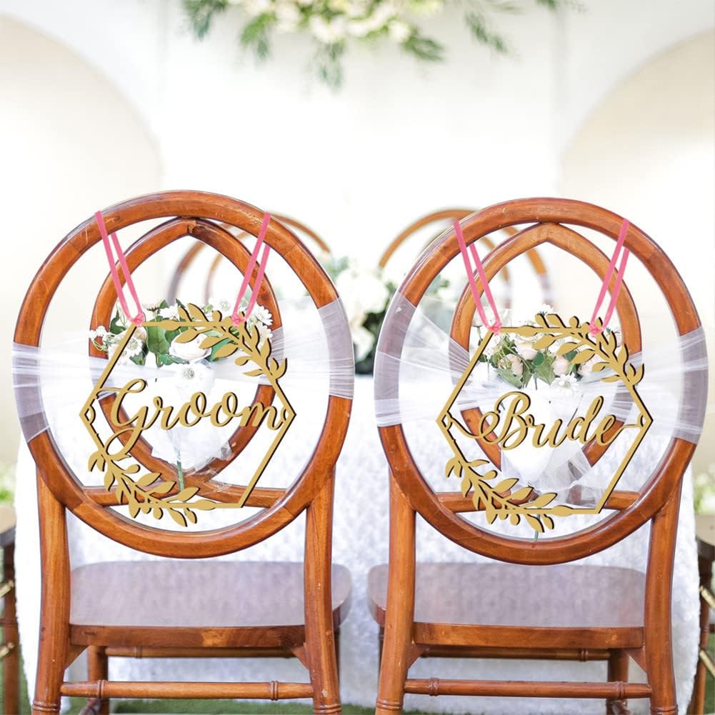 Elvaesther Wooden Chair Signs, 1 Pair Bride Groom Chair Back Hanging Pendant with Ribbon Chair Decor Wooden Chair Plaque Sign for Wedding Anniversary Party Vintage Decorations Gold