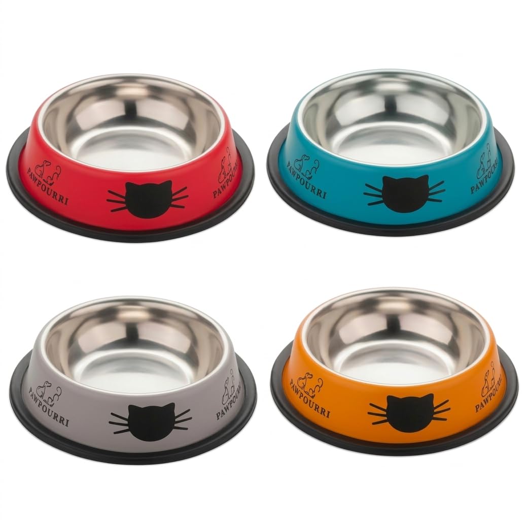 4 Pack Printed Stainless Steel Cat Bowls – 8 fl oz Anti-Skid Food & Water Cat Feeding Bowls | Cat Dish for Food and Water Bowl | Cat Feeding Bowl for Kitten (Grey, Red, Orange & Blue)