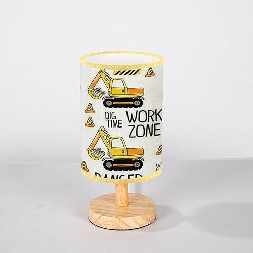 Lámpara minimalista de mesita de noche, patrón sin costuras con máquinas de construcción dibujadas a mano, lámpara de mesita de noche de madera