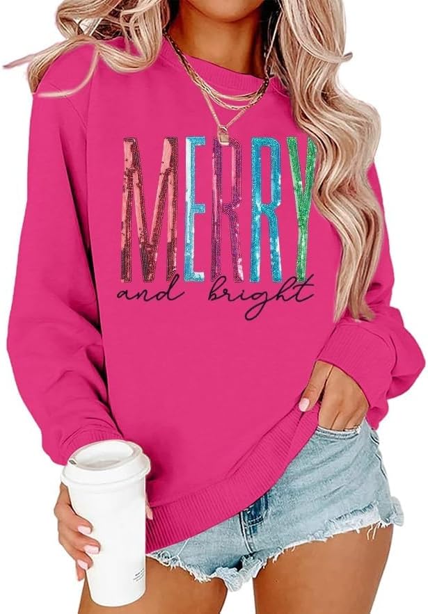 Merry and Bright Sweatshirt Women Merry Christmas Letter Print Long Sleeve Sweater Xmas Crewneck Pullover Casual Blouse Tops