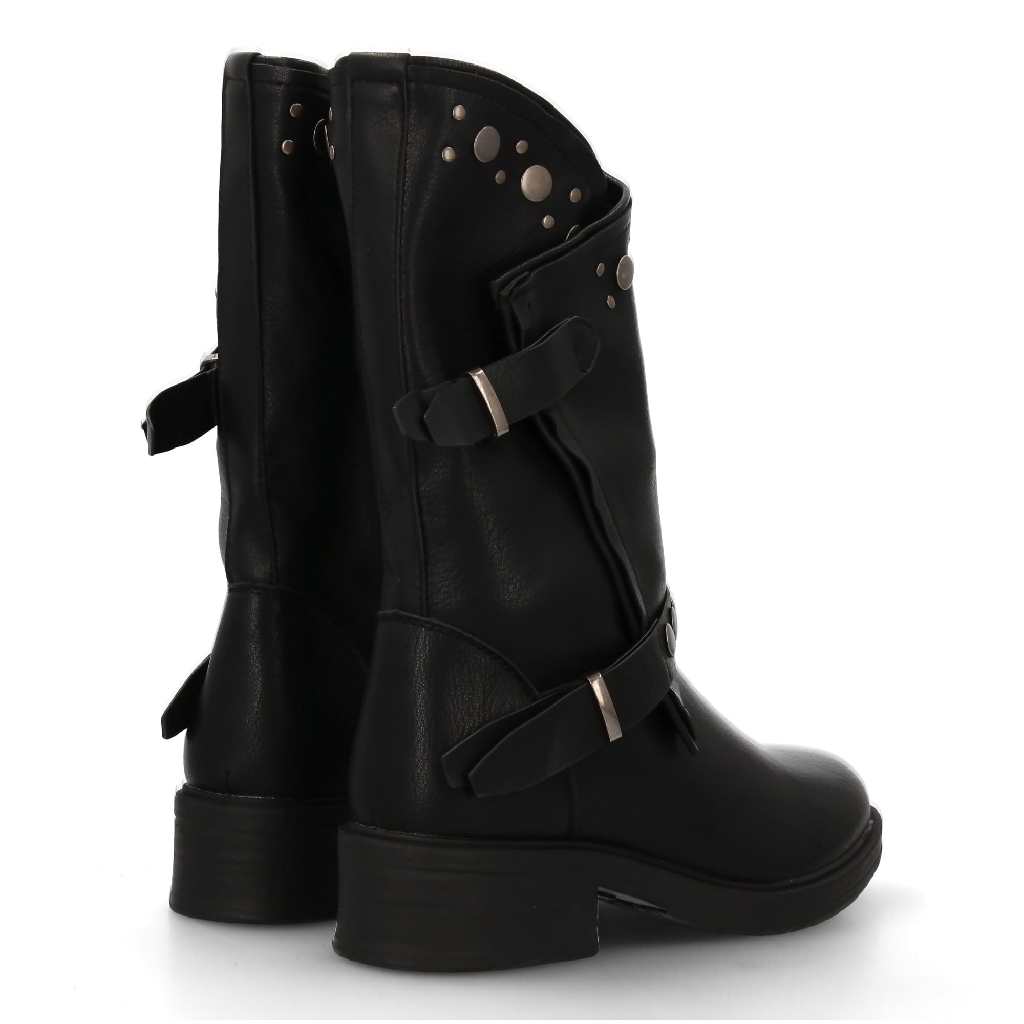 Botas de Mujer Estilo Urbano con Detalles metalicos y Tachuelas. Estampado Liso. Diseno Otono e Invierno, Cierre de Cremallera y Doble Hebilla Decorativa.
