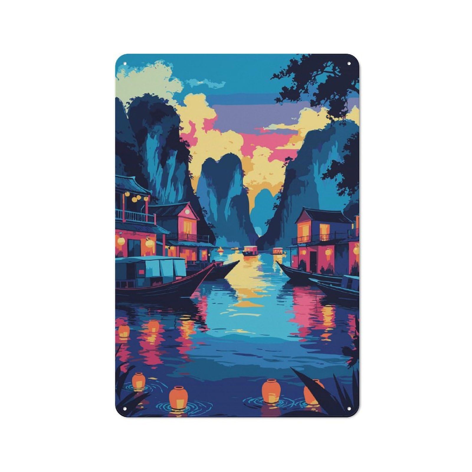 Junmoney Style-3 Vintage Garden Room Metal Sign 30X20cm Featuring Vibrant Asian River Village At Dusk, Utility Space Decor For Shed, Garden Room, Porch Or Garage