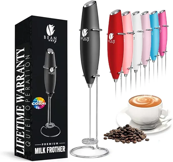 Bean Envy Milk Frother Handheld for Coffee - Mini Drink Mixer Whisk & Coffee Foamer Wand with Stand for Lattes, Cappuccino, Matcha and Hot Chocolate - Kitchen Gifts - Black
