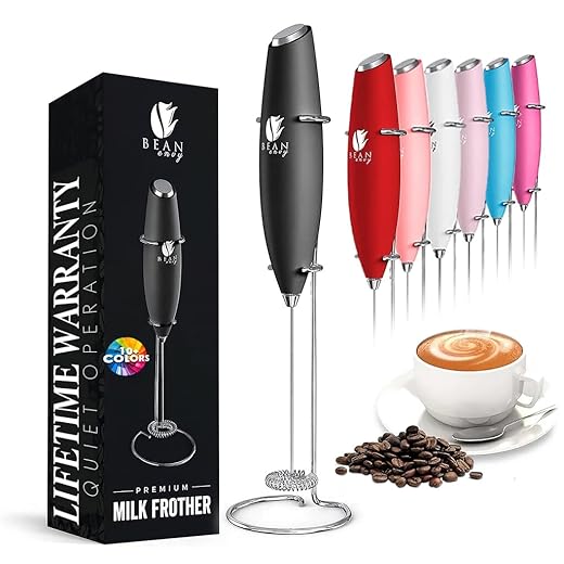 Bean Envy Milk Frother for Coffee - Handheld, Mini Electric Drink Mixer, Foamer & Frother with Stand for Coffee, Lattes, Hot Chocolates and Shakes - Black