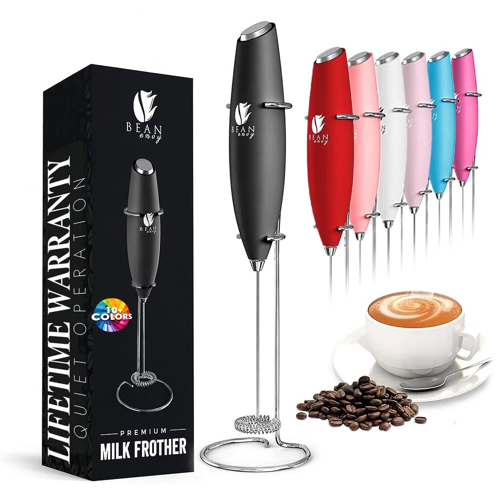 Bean Envy Milk Frother for Handheld Coffee - Electric Hand Blender, Mini Drink Mixer, Whisk & Coffee Whisk with Stand for Latte, Cappuccino, Matcha and Hot Chocolate - Kitchen Gift - Black