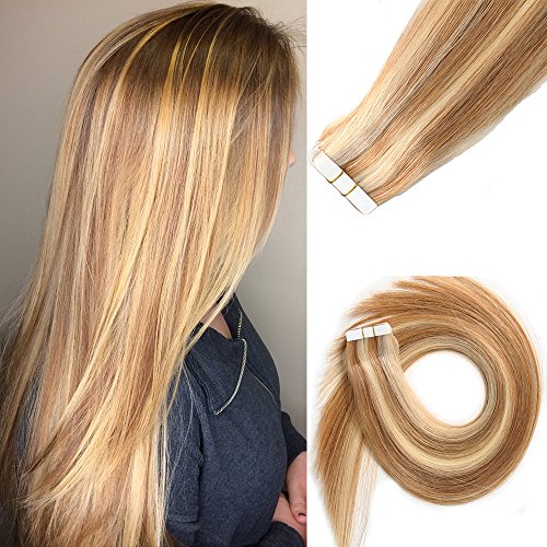 Tape in Hair Extensions Human Hair Golden Brown with Blonde Highlighted Balayage Hair Extensions 40g 18 inch #12/613 Glue in Tape on Extensions Silky Straight Skin Weft 20 Pcs/Package