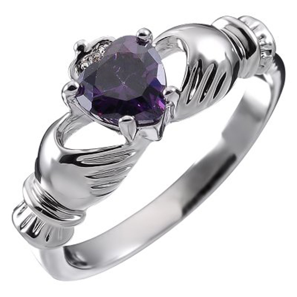Anello Argento Sterling Claddagh con Cuore in Purpureo Ametista, Mani e Corona in Confezione Regalo per Donne