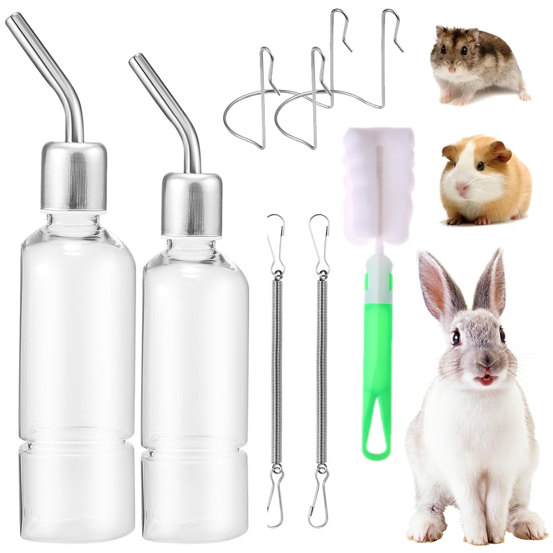Pet Water Bottle for Rabbits, Guinea Pigs & Hamsters โ No-Drip Twin-Ball Spout, Leak-Resistant Stainless Steel Small Animal Drinking Bottle/Rodent Drinker with Holder (350ml + 180ml)