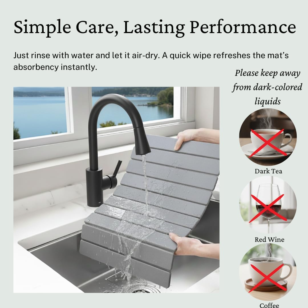 Large Stone Drying Mat for Kitchen Counter | Premium Diatomaceous Earth Coaster Set for Dishes | Non-Slip Kitchen Sink Mat | Fast-Absorbing, Eco-Friendly | 23" x 15.5" (Light Grey)