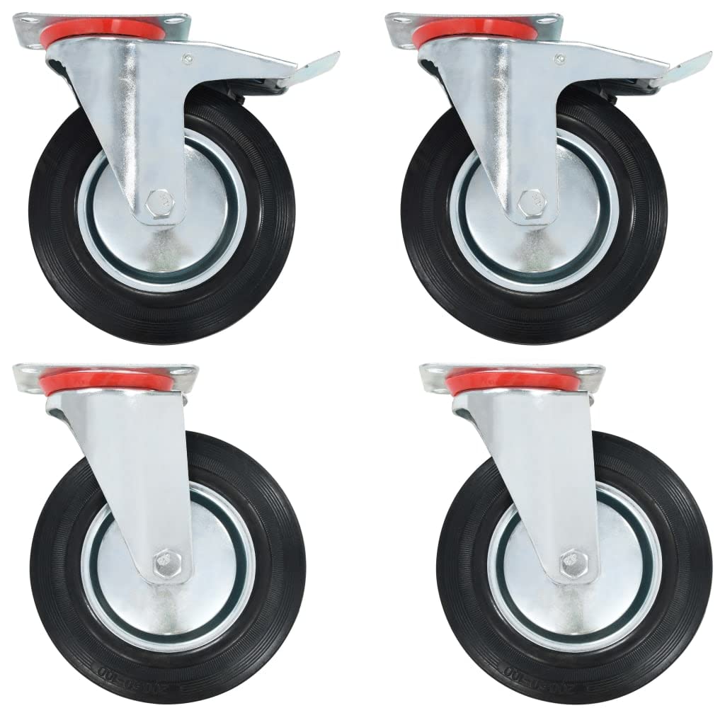4 Lenkrollen 200 mm aus Gummi mit Doppelbremsen, 2 Schwerlastrollen und 2 Lenkrollen mit Bremse, 180 kg Tragkraft pro Rolle, rostfreier Zinkrahmen