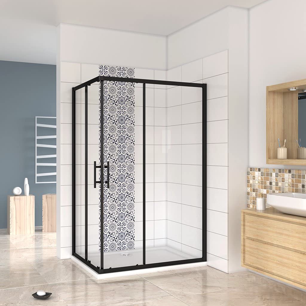 190 cm Box Doccia Angoalre Porte Scorrevoli Vetro Temperato 6 mm Trasparente Anticalcare Telaio Nero Opcao 100x80 cm