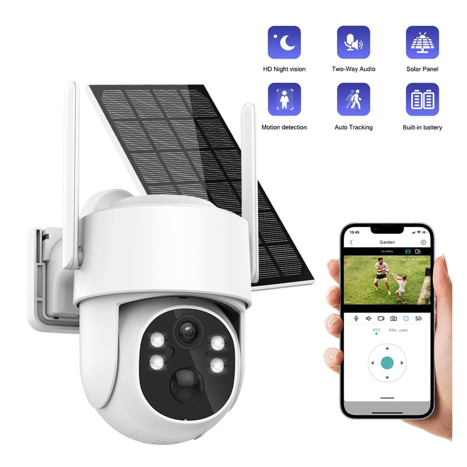Caméra de sécurité, Caméra de Surveillance IP Solaire 4MP, Zoom numérique 4X, détection Humaine PIR, Audio, accès à Distance, AI extérieure étanche(White No Card)