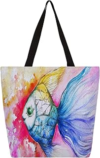 Sacola de lona para mulheres, aquarela, animal, peixe-dourado, sacolas grandes para homens com bolsos, sacolas de compras resistentes, sacolas de compras reutilizáveis, bolsa de ombro casual para escola, trabalho, praia, Multicor