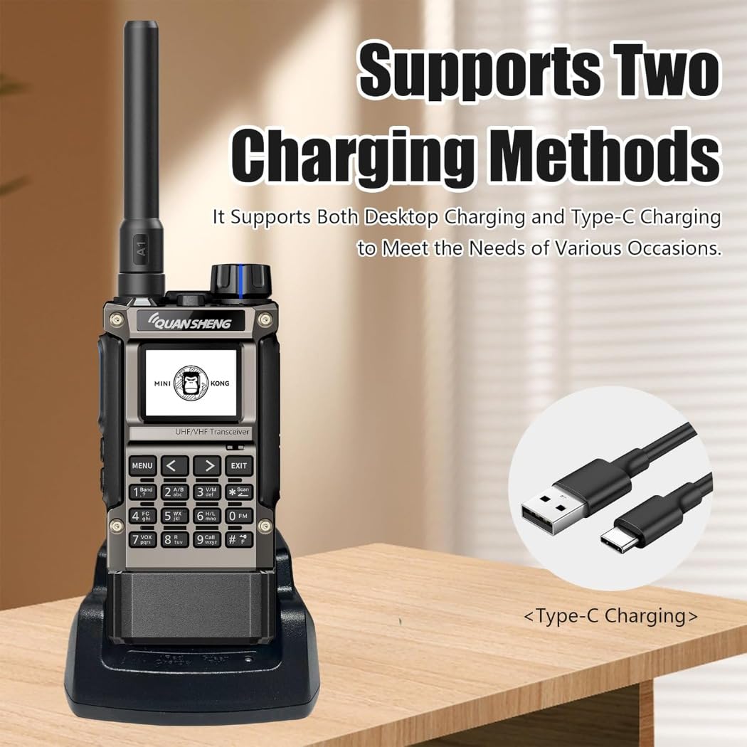 Quansheng UV‑K1(8) Walkie‑Talkie, 50‑600MHz, Air Band, NOAA, Copia wireless | Batteria 2500mAh con ricarica USB‑C, ricezione Air Band AM/FM (108‑136MHz), accordo frequenza in 1 tocco, copia wireless