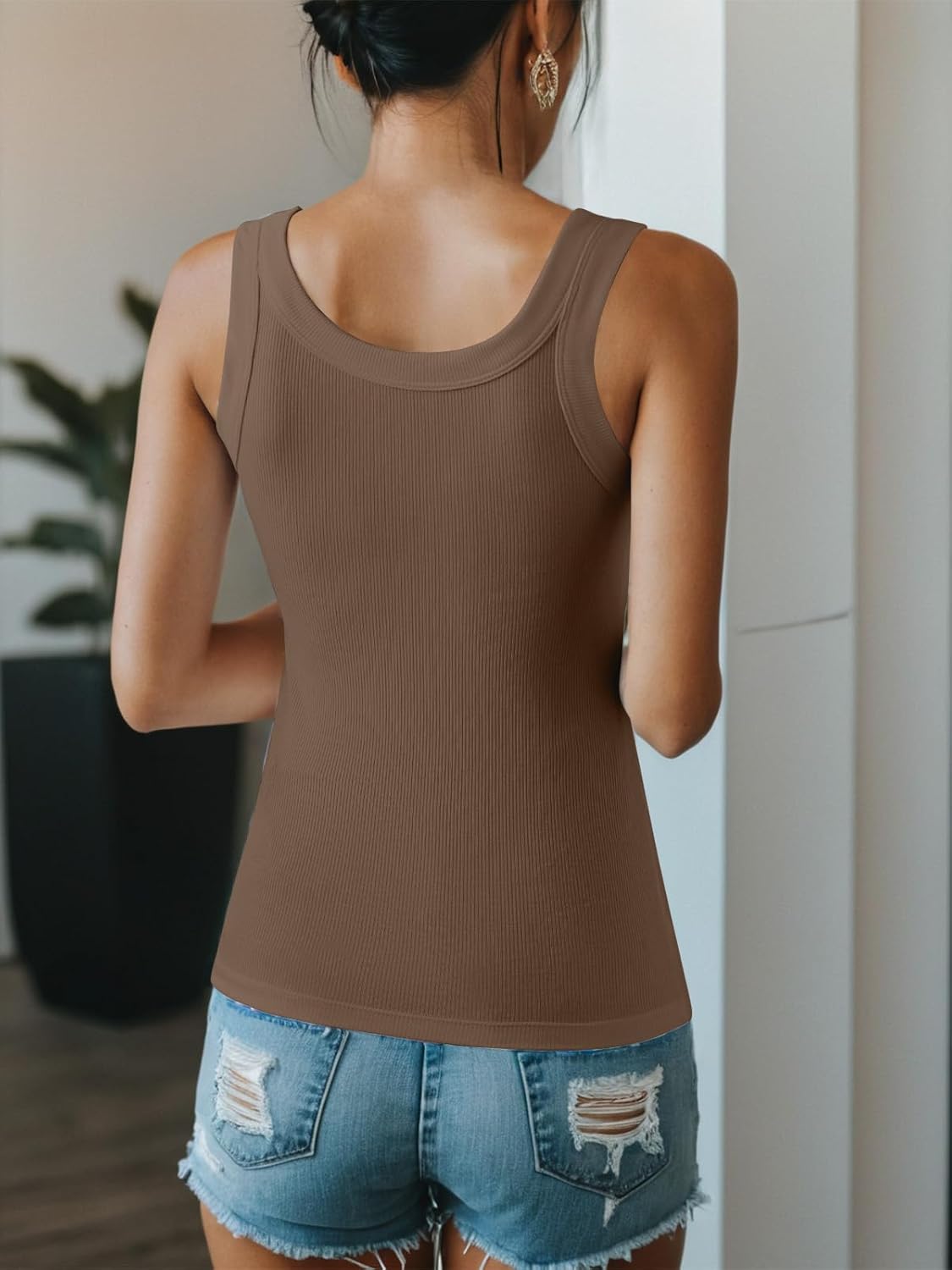 Ninee Summer Tank Top for Women Shelf Bra Cami Ribbed Fitted Tanks Scoop Neck Camisoles Basic Shirts (Coffee,Small) - Image 2